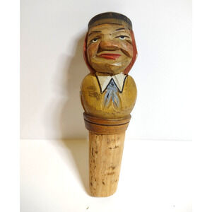 ANRI Bottle Stopper Italy Cork Vintage Wood Barware Man With Toothache Carved